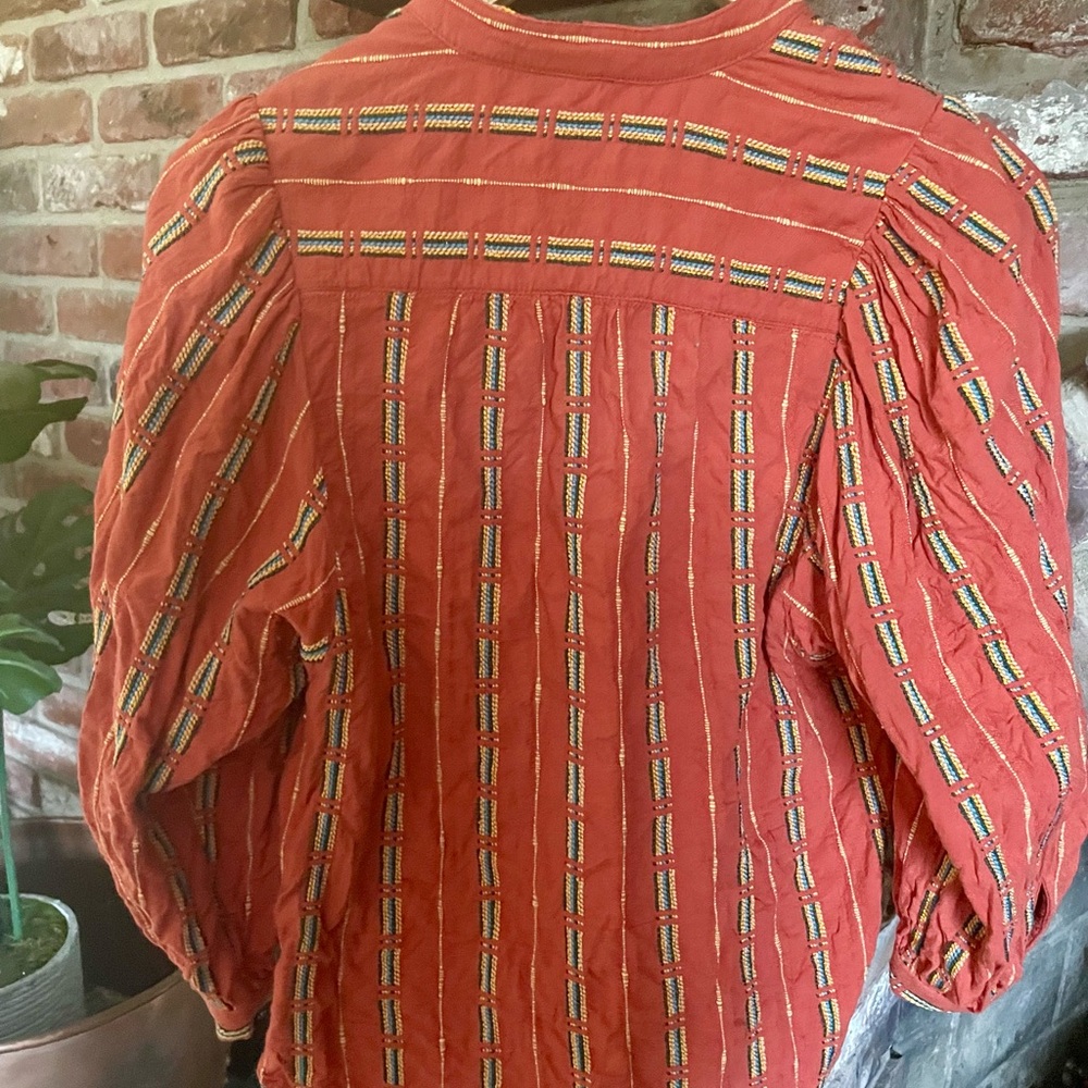 Anthropologie | Pilcro Bella Femme Orange Striped Embroidered Button Down Shirt - Picture 4 of 14